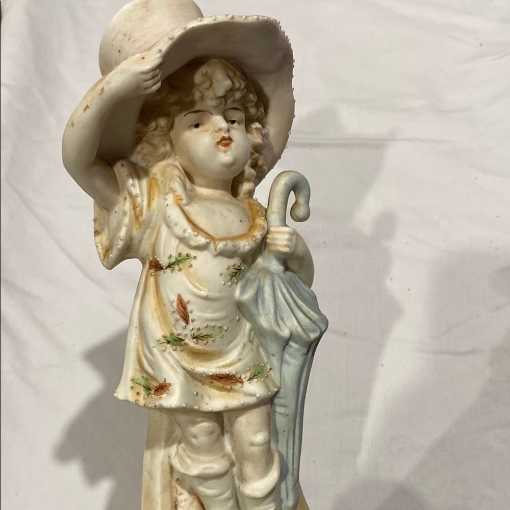 Vintage Bisque Porcelain Hand Painted Figurine with Umbrella 9” approx - Picture 10 of 15